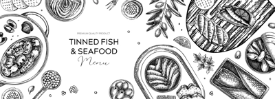 Tinned fish board design. Hand drawn seafood background in sketch style. Canned fish and shellfish isolated white. Sardines, caviar, mackerel, tuna, mussels, olives, lemons vector banner template